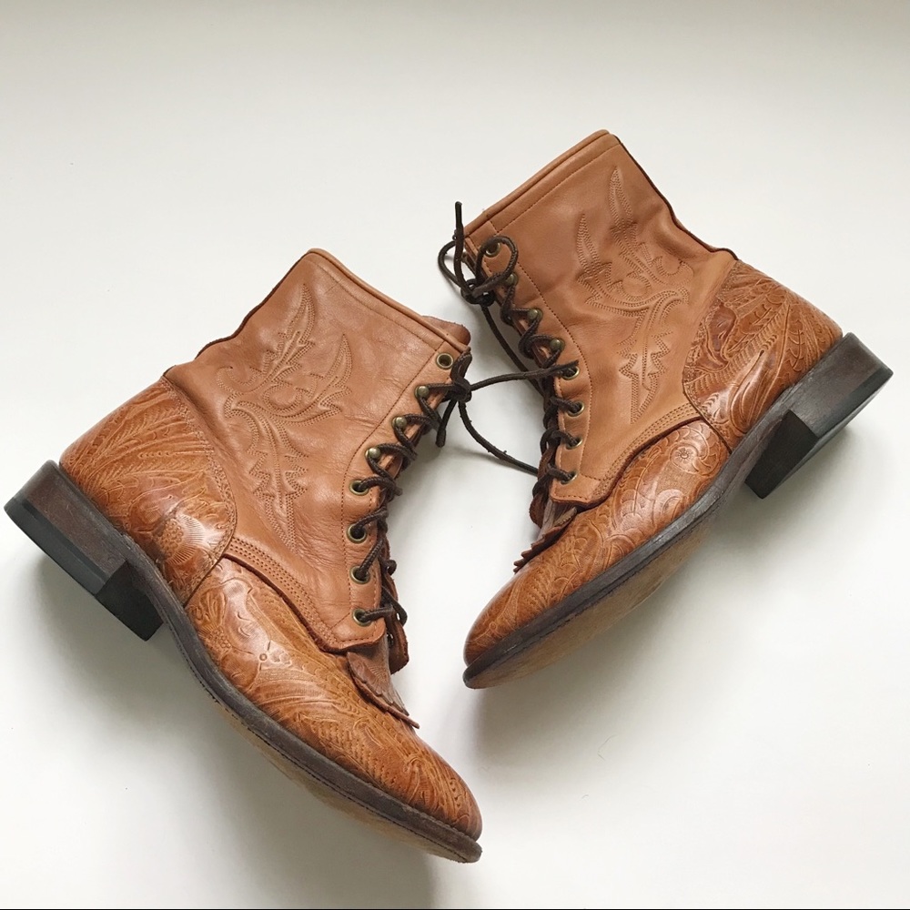 Vintage Larry Mahan Tooled Lace Up Kiltie Boots 9